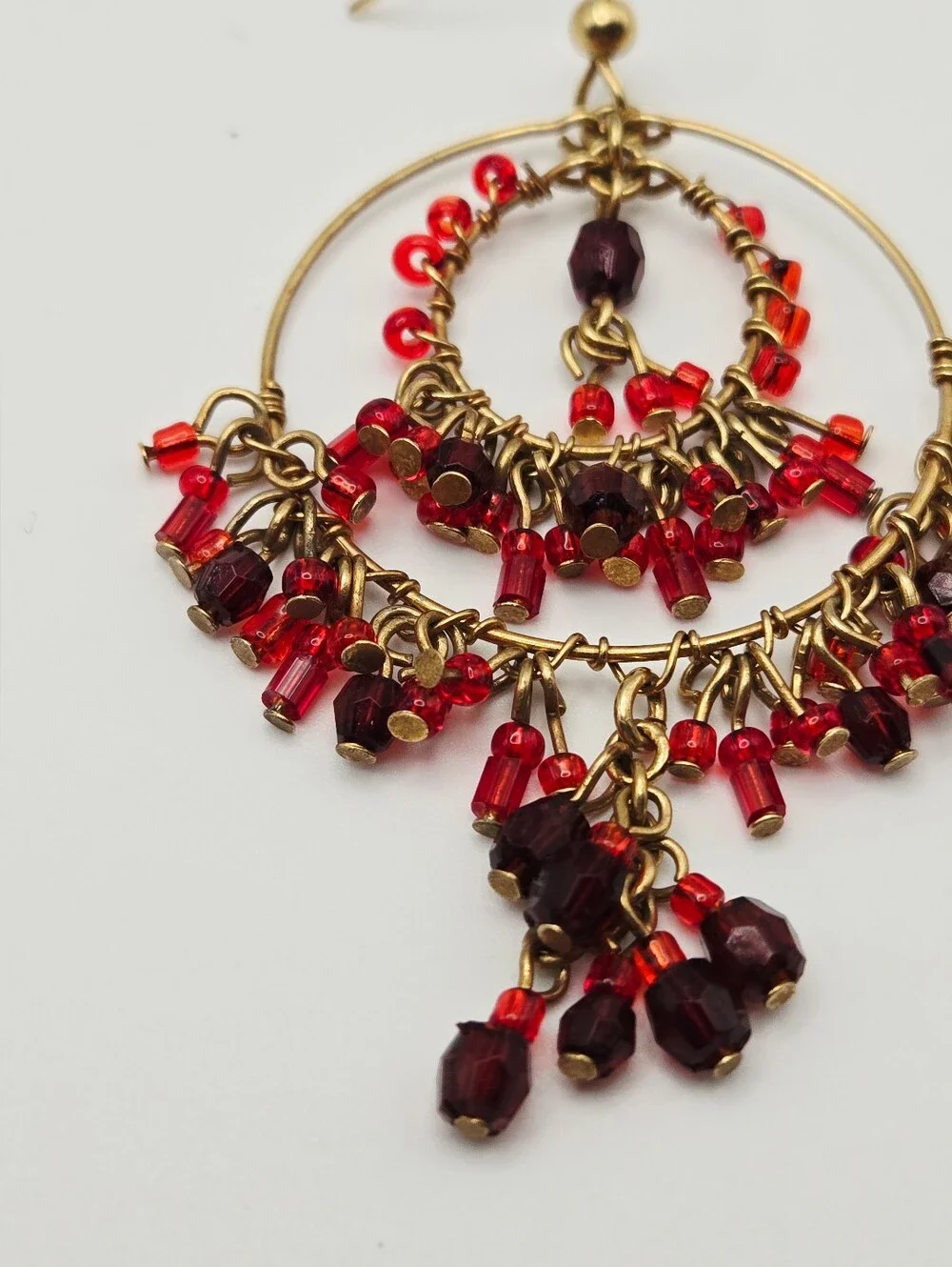 Vintage Gold Tone Hoop Chandelier Earrings with Red Beads